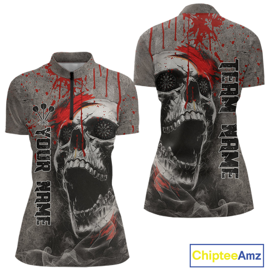 Custom Red Dripping Skull Grunge 1/4-Zip Dart Shirt For Women Dartboard Outfits Dart Jersey NYN1319