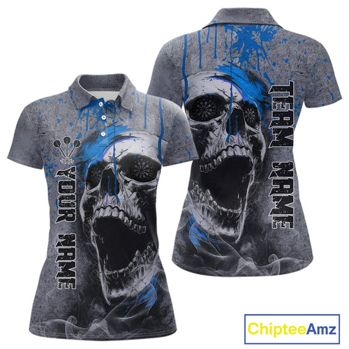 Custom Blue Dripping Skull Grunge Polo Dart Shirt For Women Dartboard Outfits Dart Jersey NYN1320