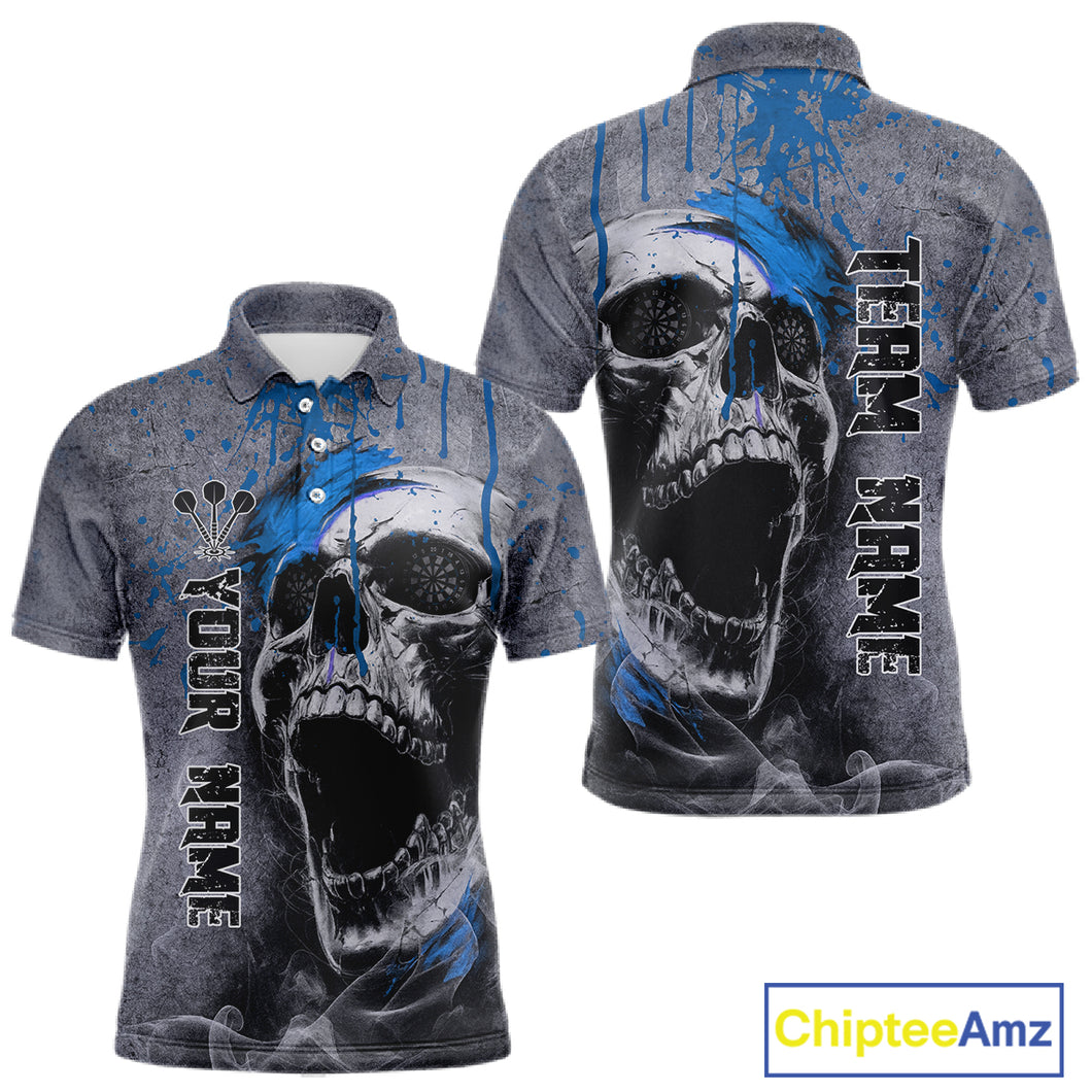 Custom Blue Dripping Skull Grunge Polo Dart Shirt For Men Dartboard Outfits Dart Jersey NYN1320