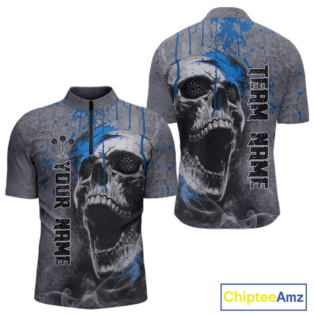 Custom Blue Dripping Skull Grunge 1/4-Zip Dart Shirt For Men Dartboard Outfits Dart Jersey NYN1320