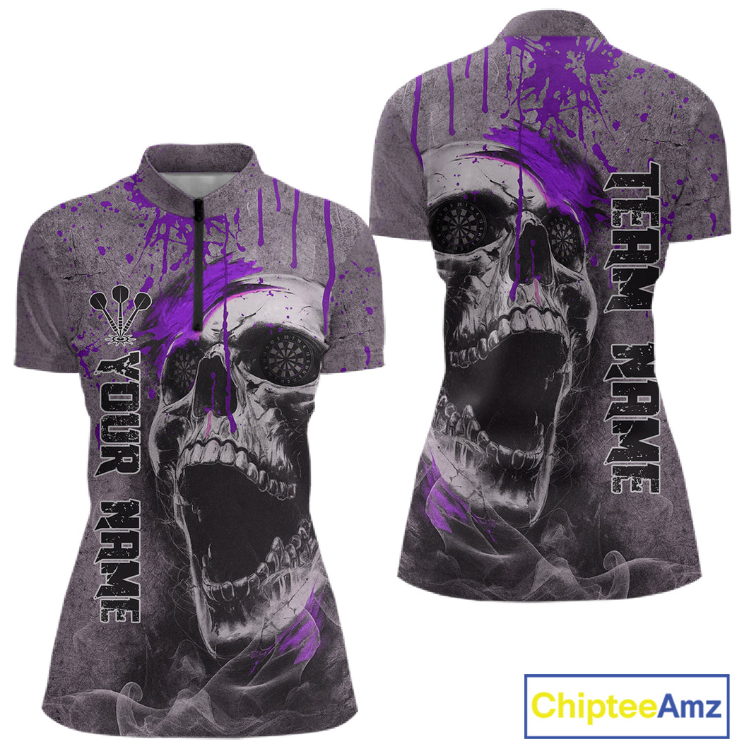 Custom Blue Dripping Skull Grunge 1/4-Zip Dart Shirt For Women Dartboard Outfits Dart Jersey NYN1320