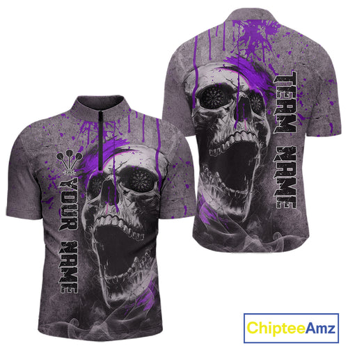 Custom Purple Dripping Skull 1/4-Zip Grunge Dart Shirt For Men Dartboard Outfits Dart Jersey NYN1321