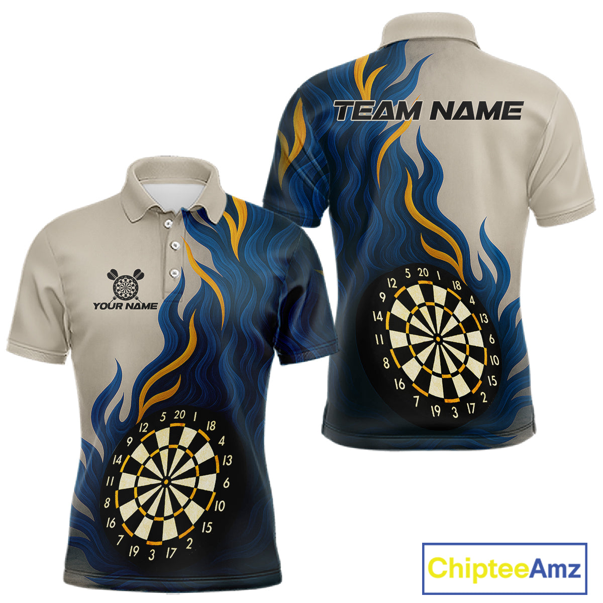 Custom Yellow - Blue Flames Dartboard Polo Dart Shirt For Men Outfits Dart Team Jerseys NYN1322