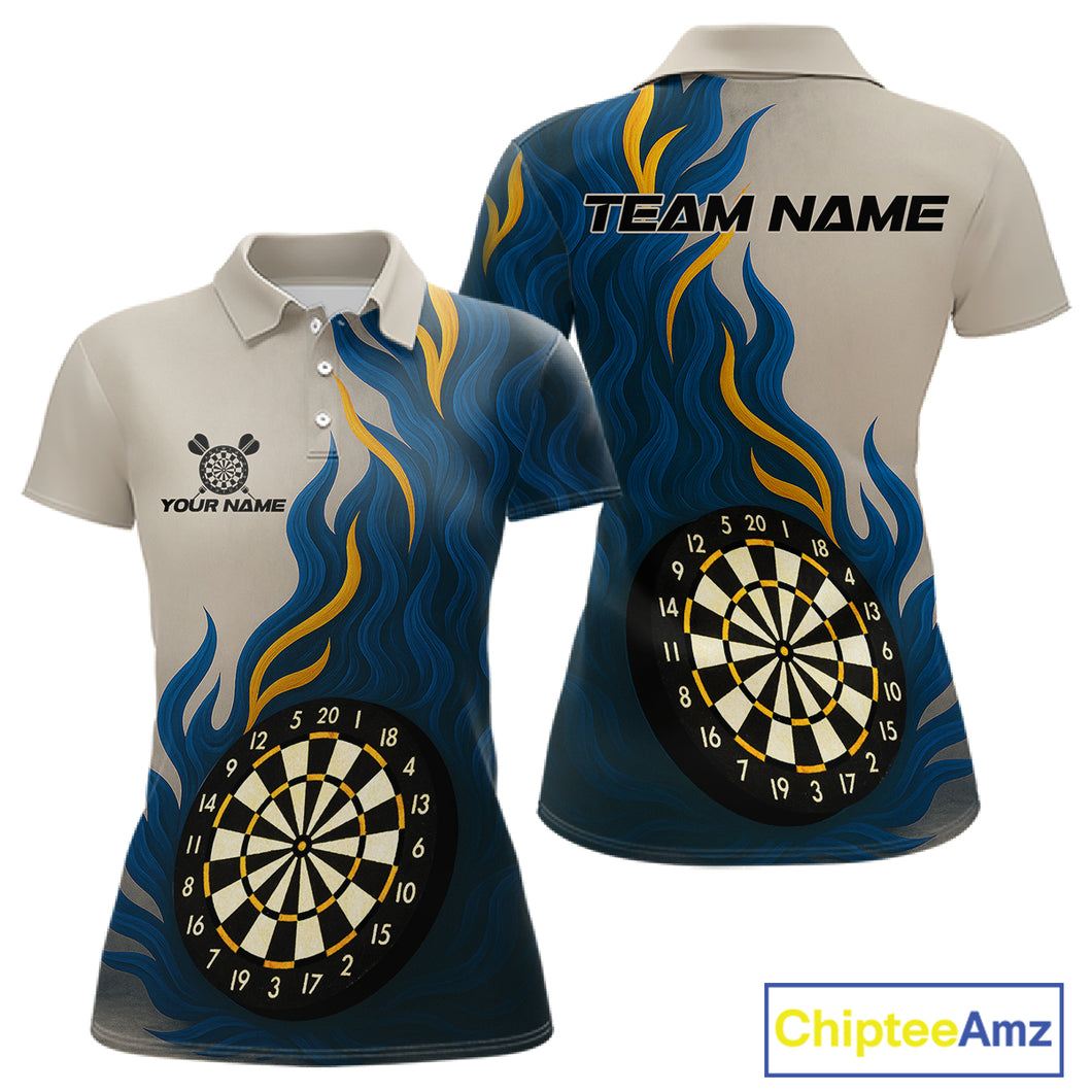 Custom Yellow - Blue Flames Dartboard Polo Dart Shirt For Women Outfits Dart Team Jerseys NYN1322