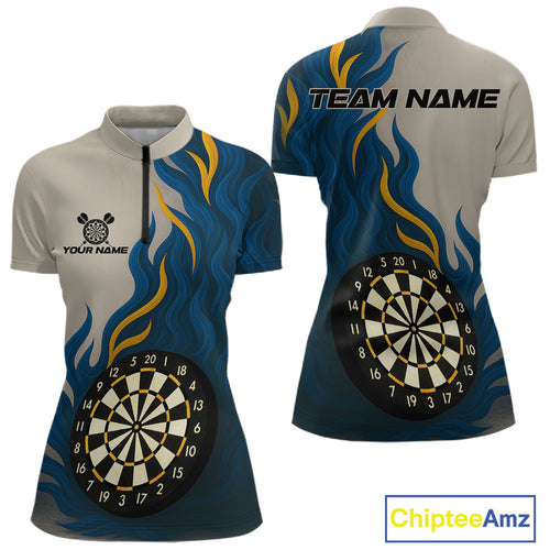 Custom Yellow - Blue Flames Dartboard 1/4-Zip Dart Shirt For Women Outfits Dart Team Jerseys NYN1322