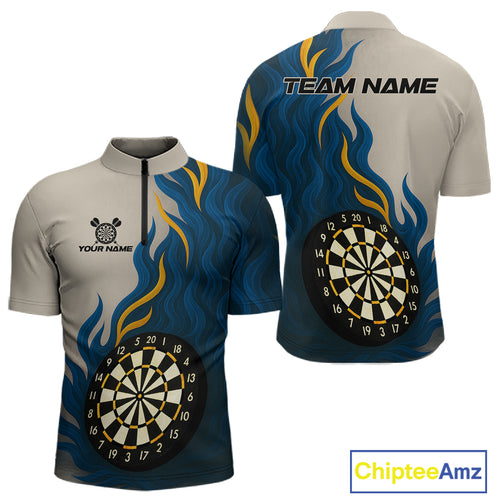 Custom Yellow - Blue Flames Dartboard 1/4-Zip Dart Shirt For Men Outfits Dart Team Jerseys NYN1322