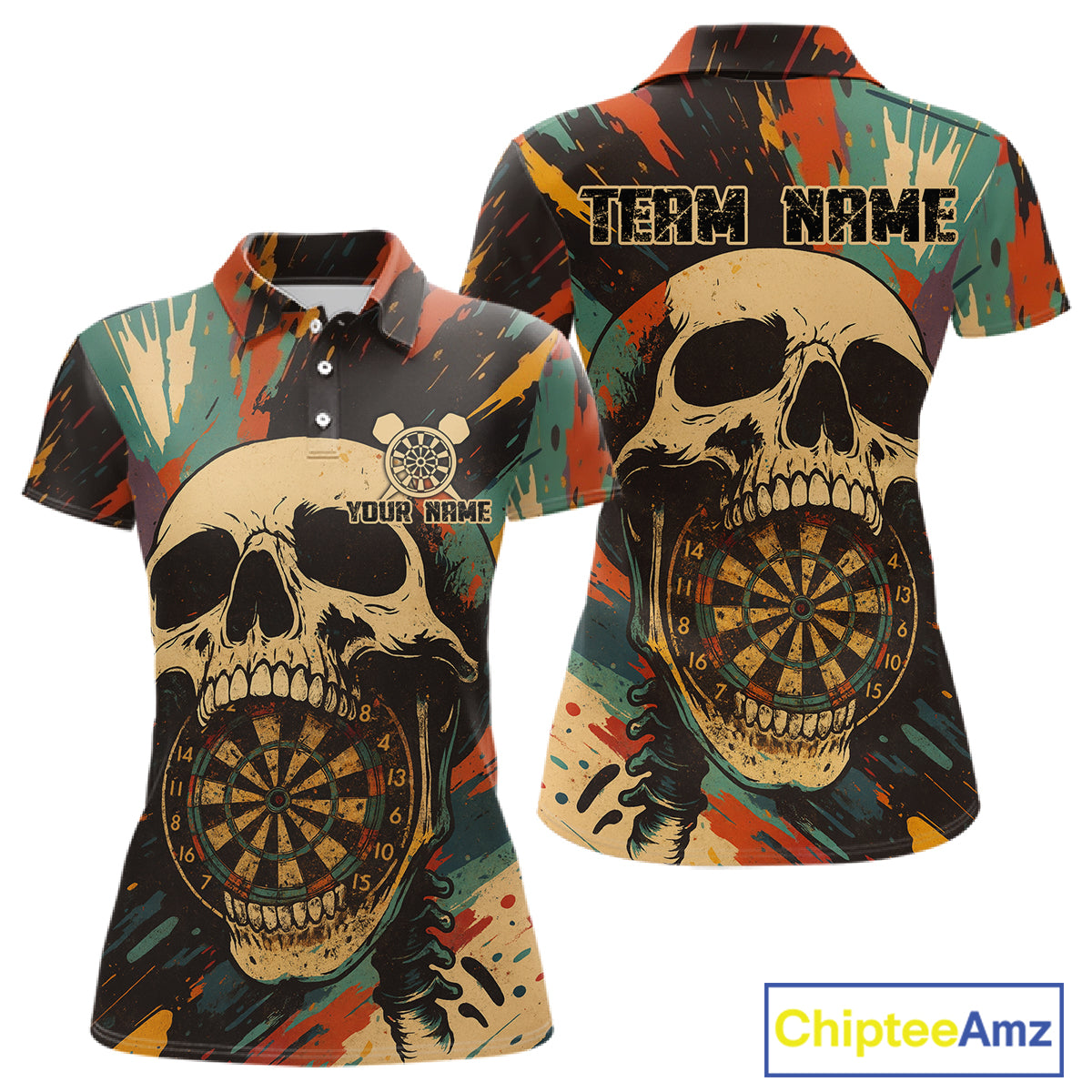 Custom Colorful Skull Grunge Polo Dart Jerseys For Women Skull Dartboard Outfits Dart Shirts NYN1325