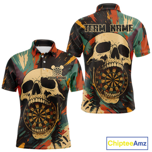 Custom Colorful Skull Grunge Polo Dart Jerseys For Men Skull Dartboard Outfits Dart Shirts NYN1325