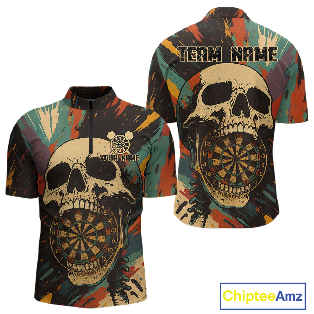 Custom Colorful Skull Grunge 1/4-Zip Dart Jerseys For Men Skull Dartboard Outfits Dart Shirts NYN1325