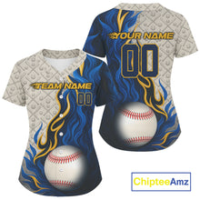 Load image into Gallery viewer, Custom Yellow And Blue Flames Baseball Ball Shirt For Women Youth Baseball Team Jerseys NYN1329
