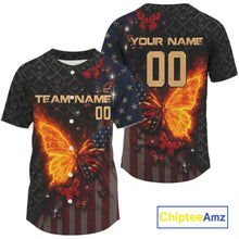 Load image into Gallery viewer, Custom US Flag Patriotic Baseball Shirt For Men Outfit Flame Butterfly Baseball Jerseys NYN1330