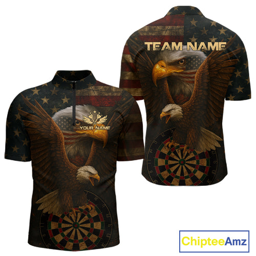 Custom Eagle Grunge Dartboard 1/4-Zip Dart Shirt For Men US Flag Patriotic Dart Jersey NYN1332