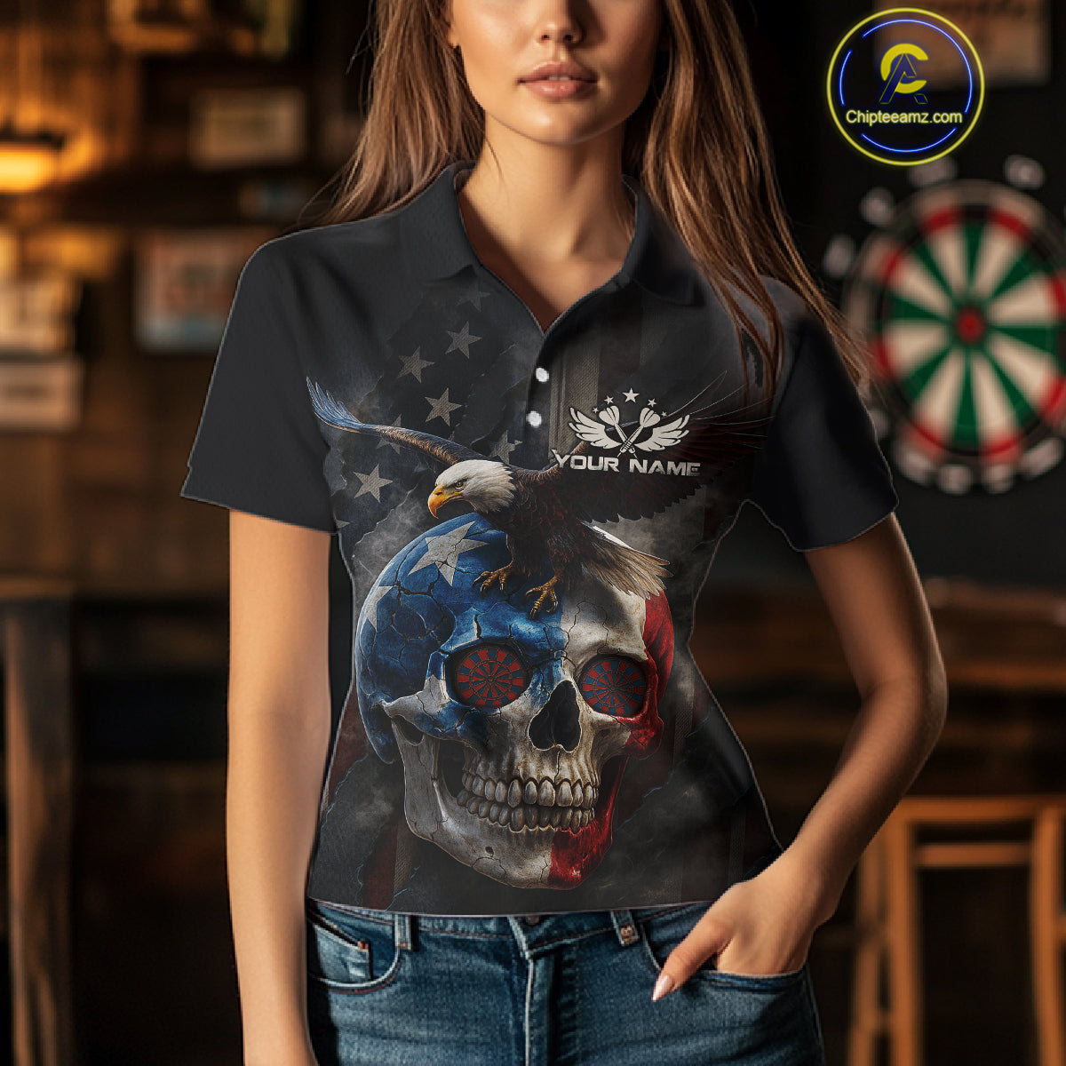 Custom Smoke Skull Eagle Patriotic Dart Shirt For Women US Flag Polo Dart Team Jersey NYN1336