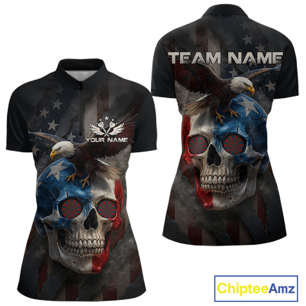 Custom Smoke Skull Eagle Patriotic Dart Shirt For Women US Flag 1/4-Zip Dart Team Jersey NYN1336