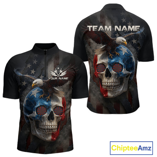 Custom Smoke Skull Eagle Patriotic Dart Shirt For Men US Flag 1/4-Zip Dart Team Jersey NYN1336