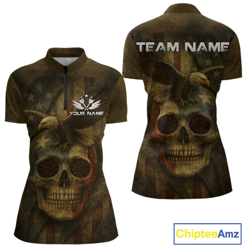 Custom Skull Eagle Grunge 1/4-Zip Dart Shirt For Women Retro Patriotic Dart Jerseys NYN1337
