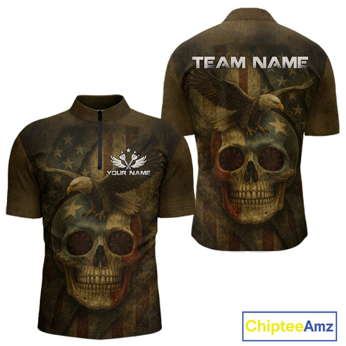 Custom Skull Eagle Grunge 1/4-Zip Dart Shirt For Men Retro Patriotic Dart Jerseys NYN1337