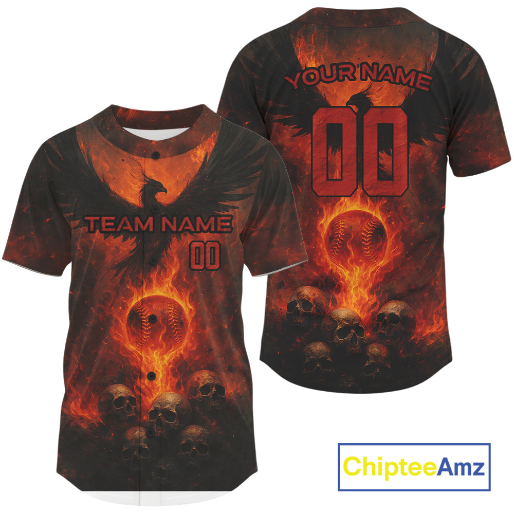 Custom Red Flames Phoenix Baseball Ball Jersey For Men Skull Baseball Tournament Shirt NYN0971