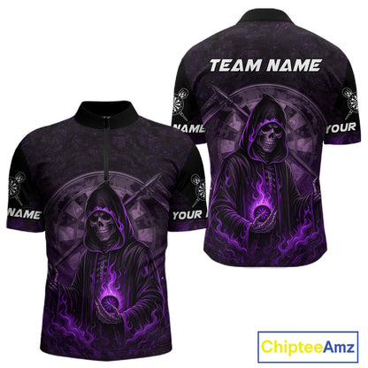 Custom Black-Purple Flames Skull Dartboard Darts 1/4-Zip Jerseys For Men, Darts Fan Uniform NYN0984