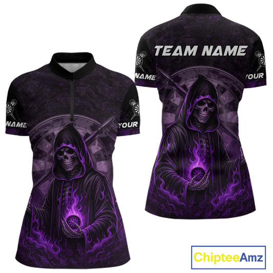 Custom Black-Purple Flames Skull Dartboard Darts 1/4-Zip Jerseys For Women, Darts Fan Uniform NYN0984