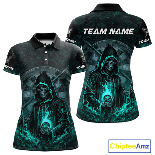 Custom Black-Turqoise Flames Skull Dartboard Darts Polo Jerseys For Women, Darts Fan Uniform NYN0985