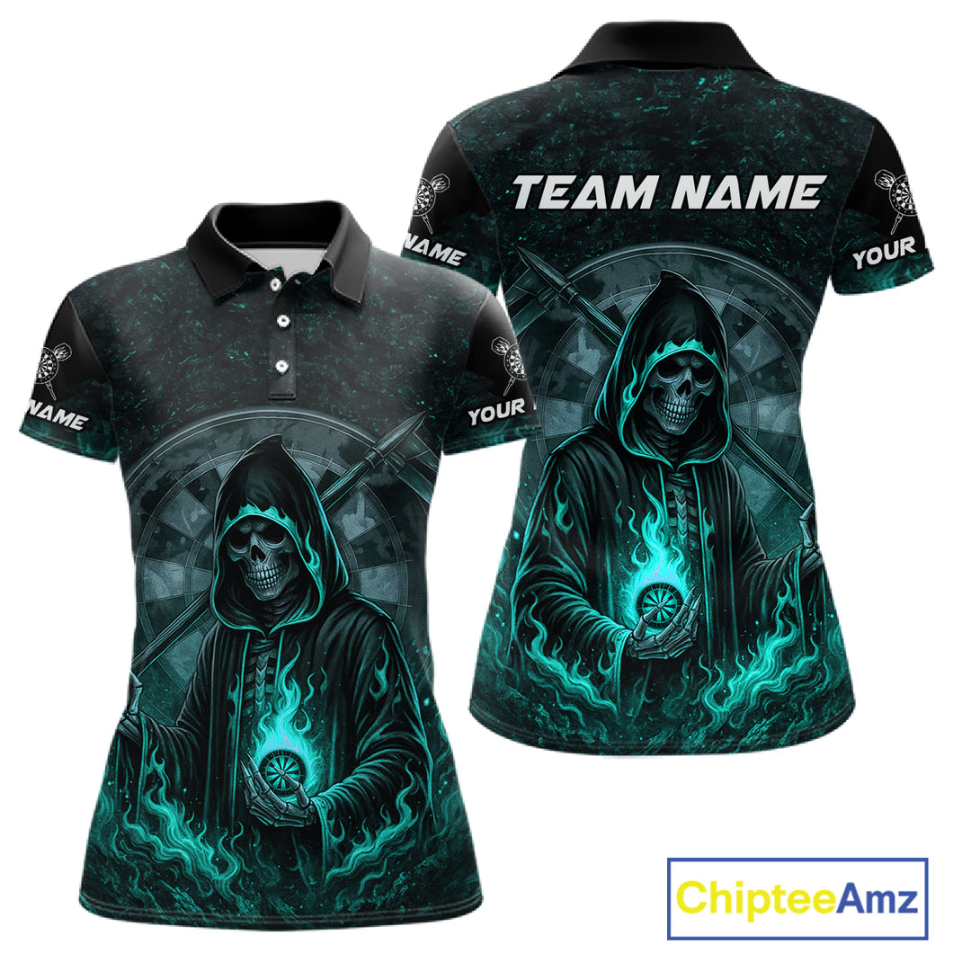 Custom Black-Turqoise Flames Skull Dartboard Darts Polo Jerseys For Women, Darts Fan Uniform NYN0985