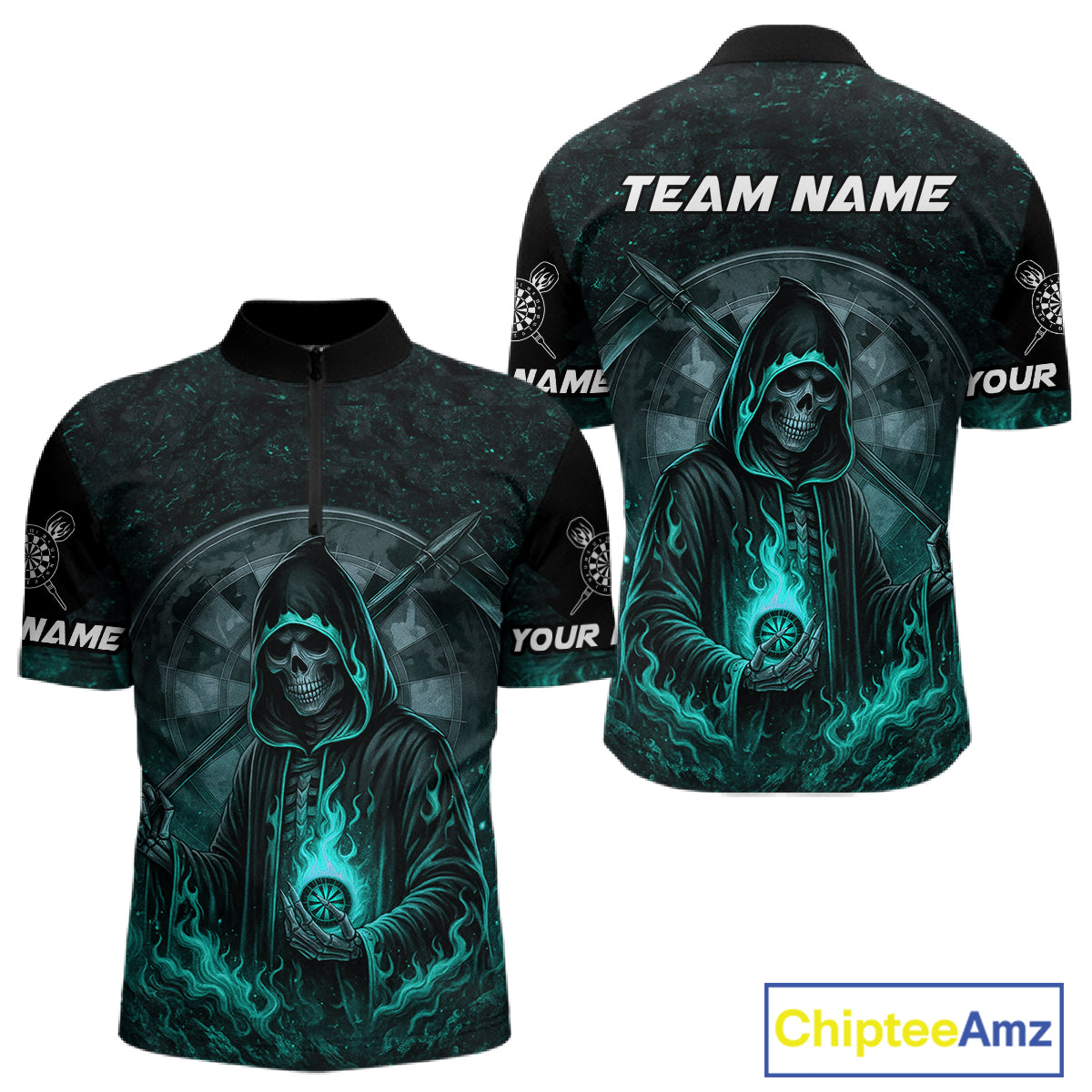Custom Black-Turqoise Flames Skull Dartboard Darts 1/4-Zip Jerseys For Men, Darts Fan Uniform NYN0985