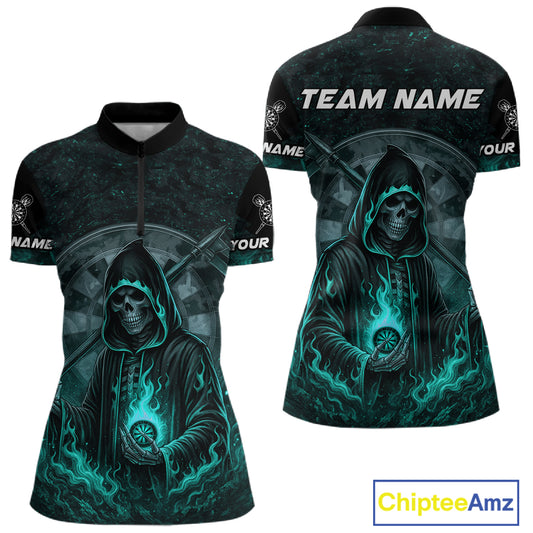 Custom Black-Turqoise Flames Skull Dartboard Darts 1/4-Zip Jerseys For Women, Darts Fan Uniform NYN0985