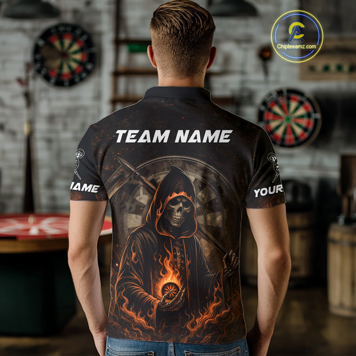 Custom Black-Orange Flames Skull Dartboard Darts Polo Jerseys For Men, Darts Fan Uniform NYN0986