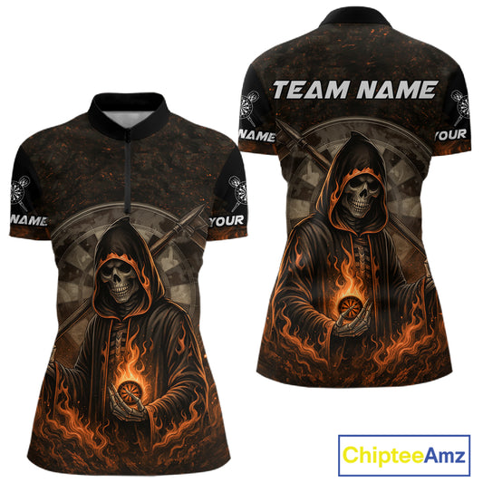 Custom Black-Orange Flames Skull Dartboard Darts 1/4-Zip Jerseys For Women, Darts Fan Uniform NYN0986