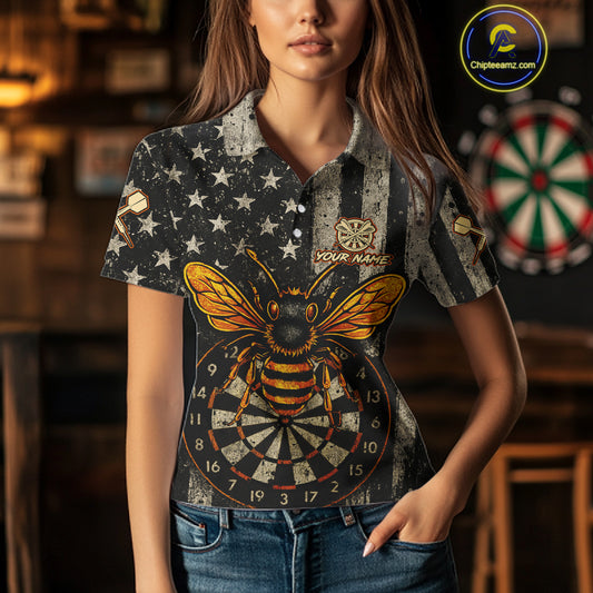 Custom Bees Dartboard Patriotic Dart Polo Shirt For Women US Flag Grunge Dart Jersey NYN1360
