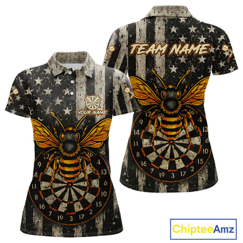 Custom Bees Dartboard Patriotic Dart Polo Shirt For Women US Flag Grunge Dart Jersey NYN1360