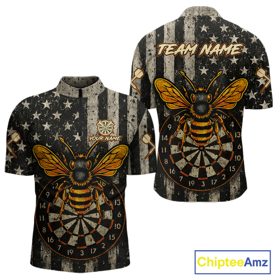Custom Bees Dartboard Patriotic Dart 1/4-Zip Shirt For Men US Flag Grunge Dart Jersey NYN1360
