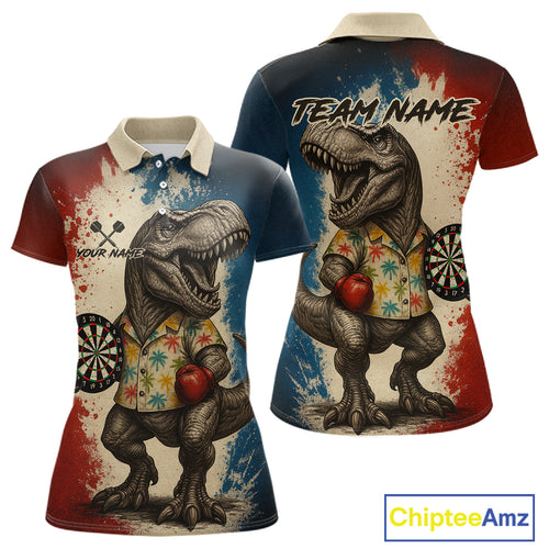 Custom Dinosaur Plays Dart Funny Dart Polo Shirt For Women Colorful Grunge Dart Jerseys NYN1368