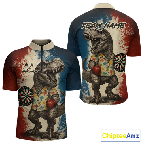 Custom Dinosaur Plays Dart Funny Dart 1/4-Zip Shirt For Men Colorful Grunge Dart Jerseys NYN1368