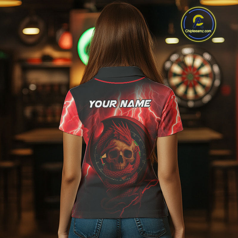 Maroon Dragon & Skull Thunder Lightning Women's Darts Shirt - Custom Name For Players NYN0503