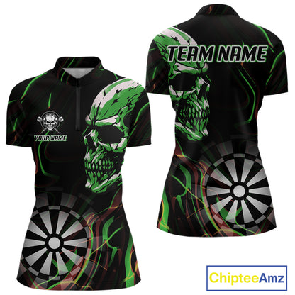 Custom Green And Orange Skull Dartboard 1/4-Zip Dart Shirts For Women Darts Team Jersey NYN0999