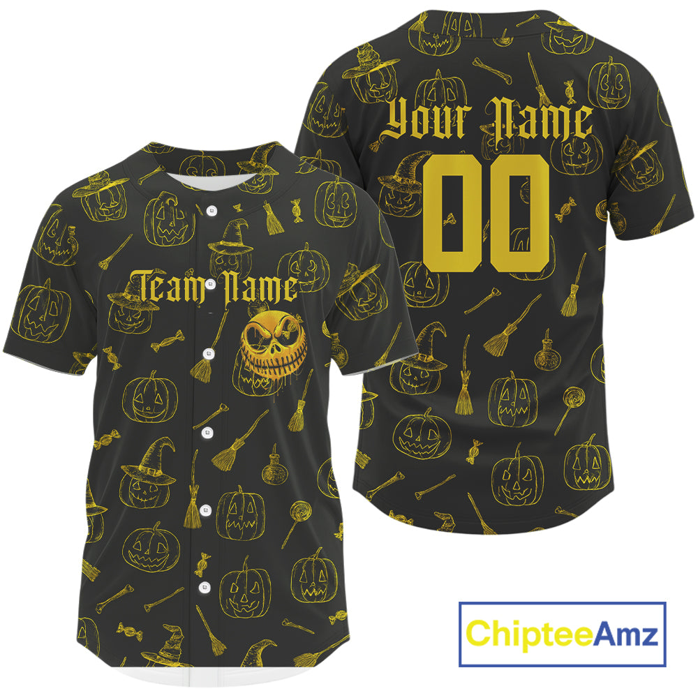Custom Yellow Pumpkin Halloween Baseball Jersey For Men Funny Halloween Baseball Shirt NYN1008
