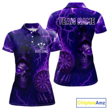 Load image into Gallery viewer, Personalized Purple Flames Skull Dartboard Darts Jersey Custom Women&#39;s Skull Darts Polo Shirt NYN1029