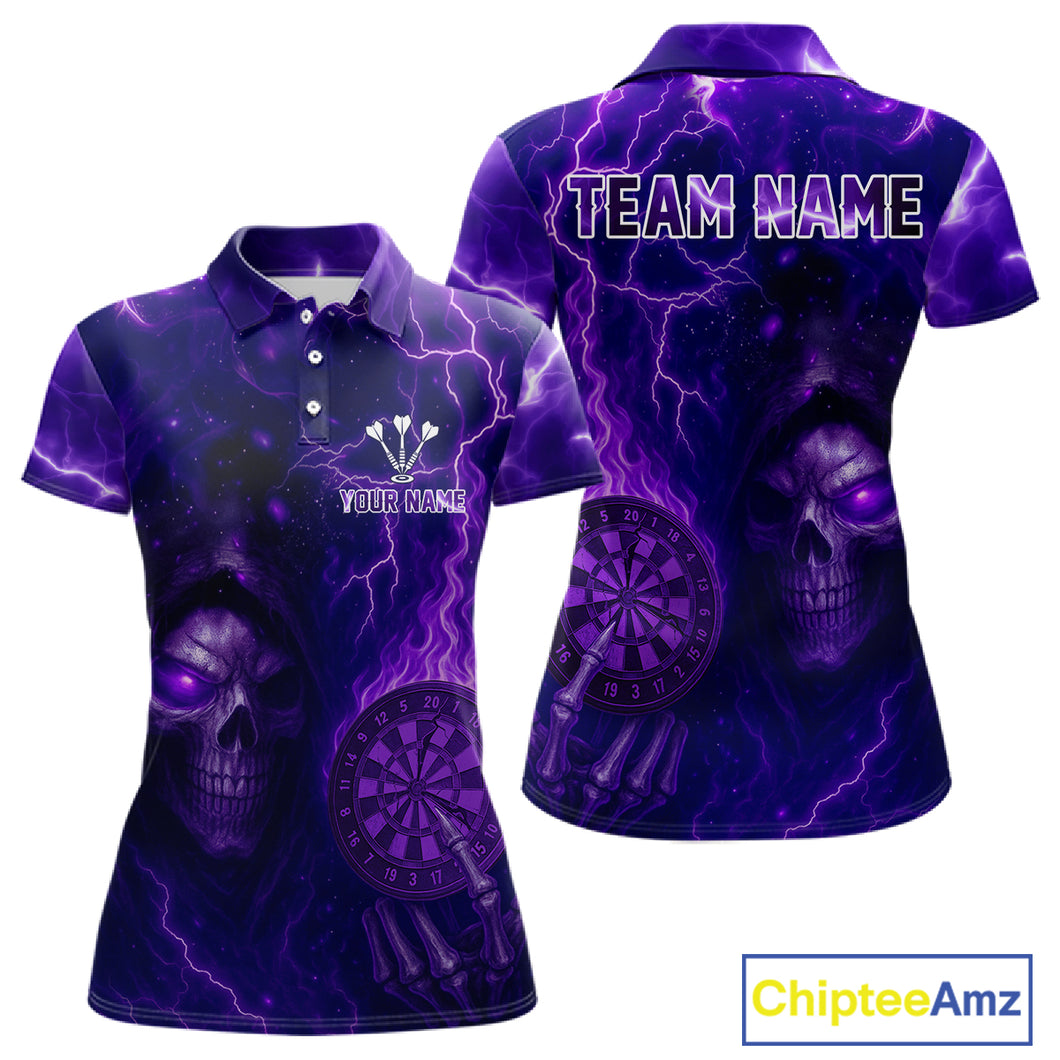 Personalized Purple Flames Skull Dartboard Darts Jersey Custom Women's Skull Darts Polo Shirt NYN1029