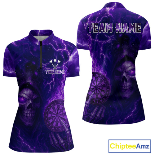 Personalized Purple Flames Skull Dartboard Darts Jersey Custom Women's Skull Darts 1/4-Zip Shirt NYN1029