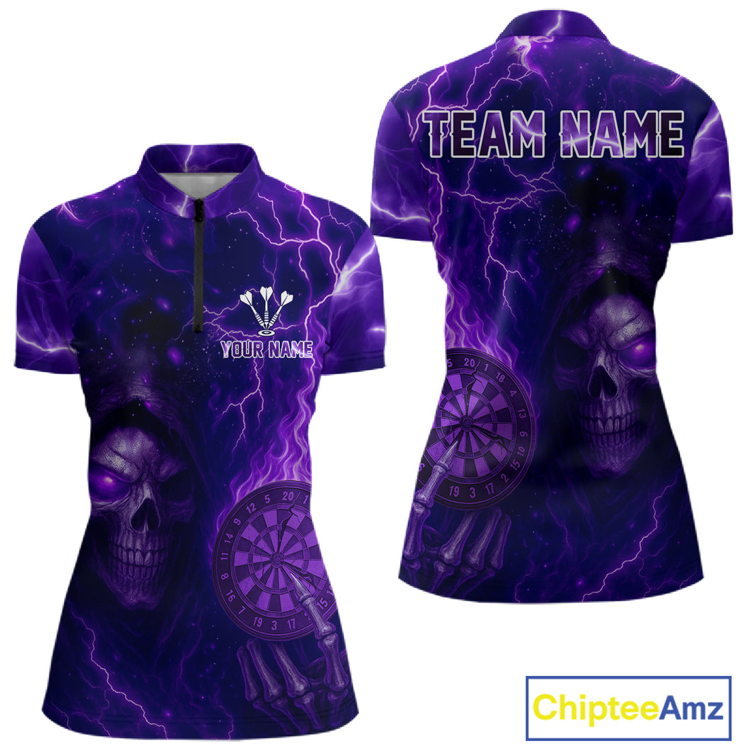 Personalized Purple Flames Skull Dartboard Darts Jersey Custom Women's Skull Darts 1/4-Zip Shirt NYN1029