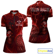 Load image into Gallery viewer, Personalized Red Flames Skull Dartboard Darts Jersey Custom Women&#39;s Skull Darts 1/4-Zip Shirt NYN1030