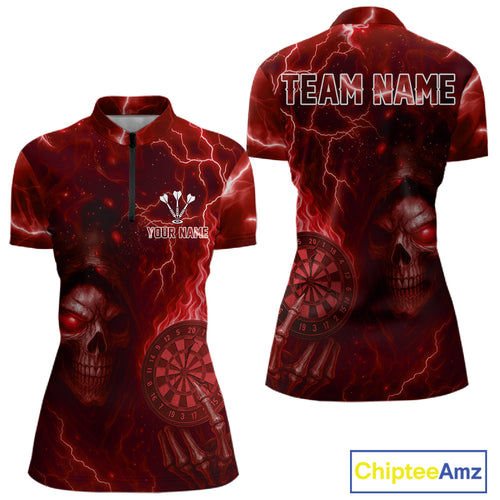 Personalized Red Flames Skull Dartboard Darts Jersey Custom Women's Skull Darts 1/4-Zip Shirt NYN1030