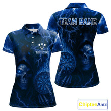 Load image into Gallery viewer, Personalized Blue Flames Skull Dartboard Darts Jersey Custom Women&#39;s Skull Darts Polo Shirt NYN1031