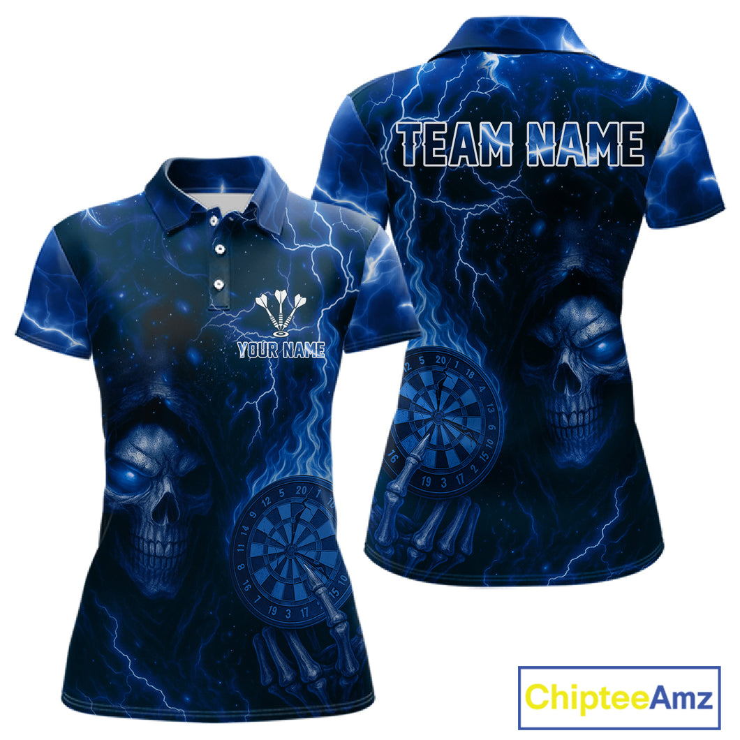 Personalized Blue Flames Skull Dartboard Darts Jersey Custom Women's Skull Darts Polo Shirt NYN1031