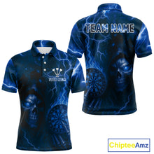 Load image into Gallery viewer, Personalized Blue Flames Skull Dartboard Darts Jersey Custom Men&#39;s Skull Darts Polo Shirt NYN1031