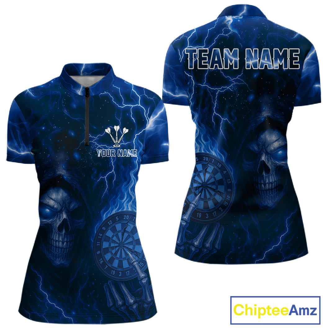 Personalized Blue Flames Skull Dartboard Darts Jersey Custom Women's Skull Darts 1/4-Zip Shirt NYN1031
