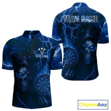 Load image into Gallery viewer, Personalized Blue Flames Skull Dartboard Darts Jersey Custom Men&#39;s Skull Darts 1/4-Zip Shirt NYN1031