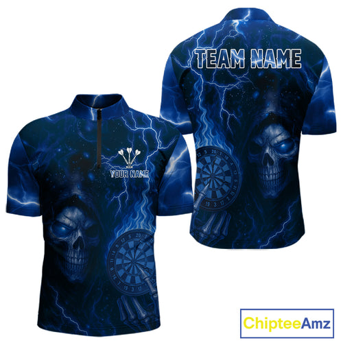 Personalized Blue Flames Skull Dartboard Darts Jersey Custom Men's Skull Darts 1/4-Zip Shirt NYN1031